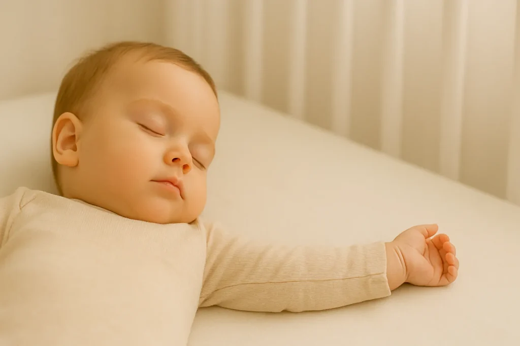 Smiling baby learning to stand during the 11-month sleep regression phase